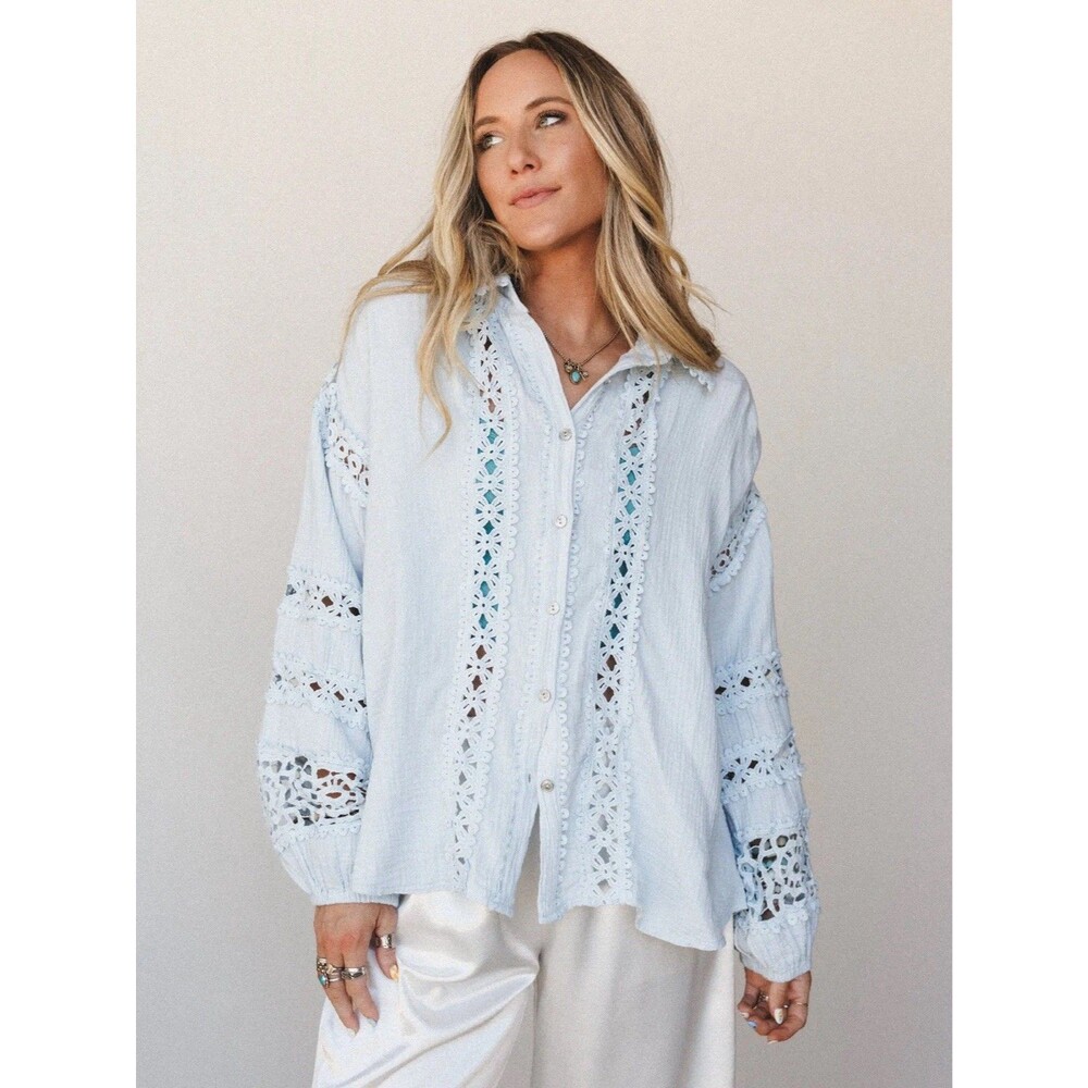 POL Blue Embroidered Lace Oversized Shirt Cottagecore Boho Coquette Large